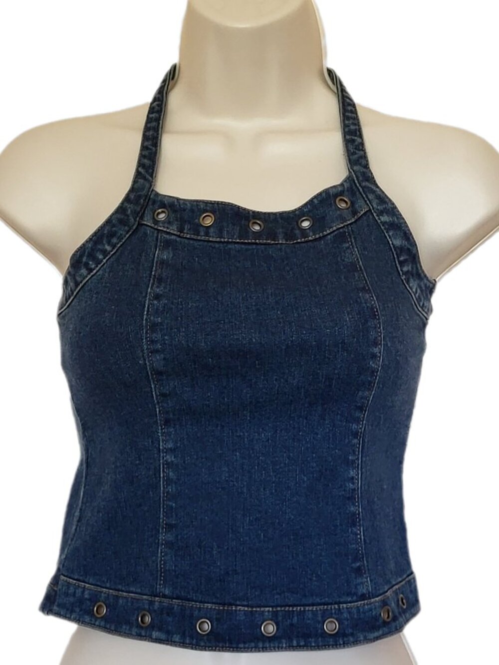 LE CHATEAU Vintage Y2K Blue Denim Halter Top + Eyelets Junior Girl M/Women's XS